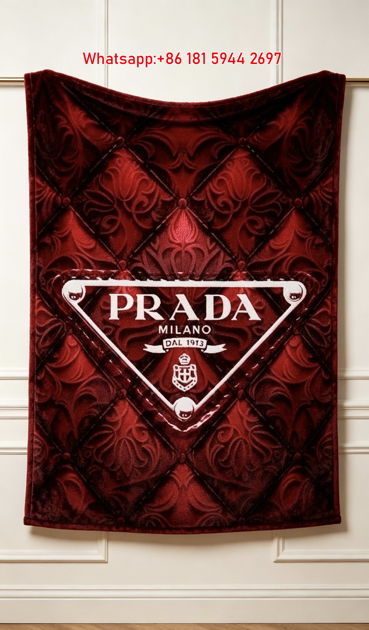 Prada Deep Red Quilted Pattern Print Flannel Throw Blanket IMG_2781